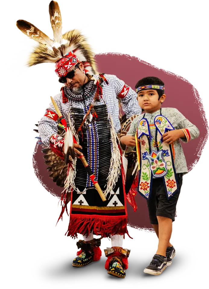 Native American man and child in regalia.